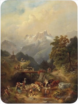 Cattle Cow Bull Painting - Rudolf Swoboda lmabtrieb im Hochgebirge bulls
